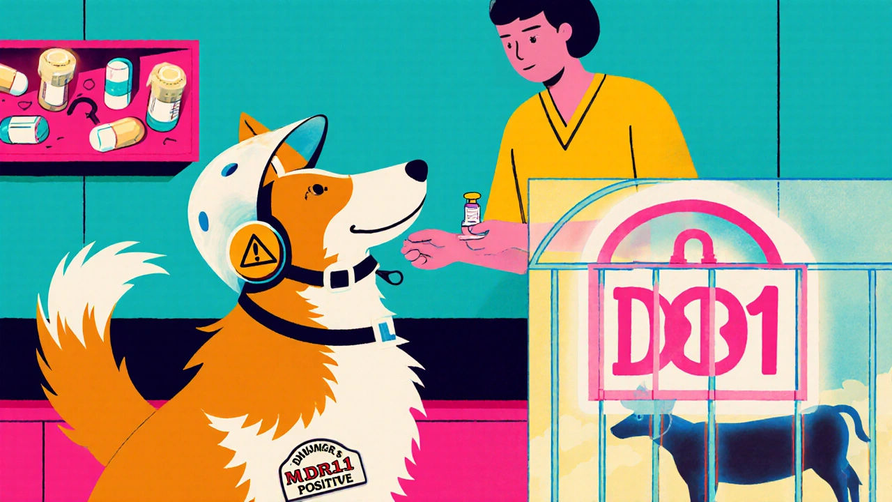 A pet owner giving a precise dose to a vet while dangerous ivermectin containers are locked away.