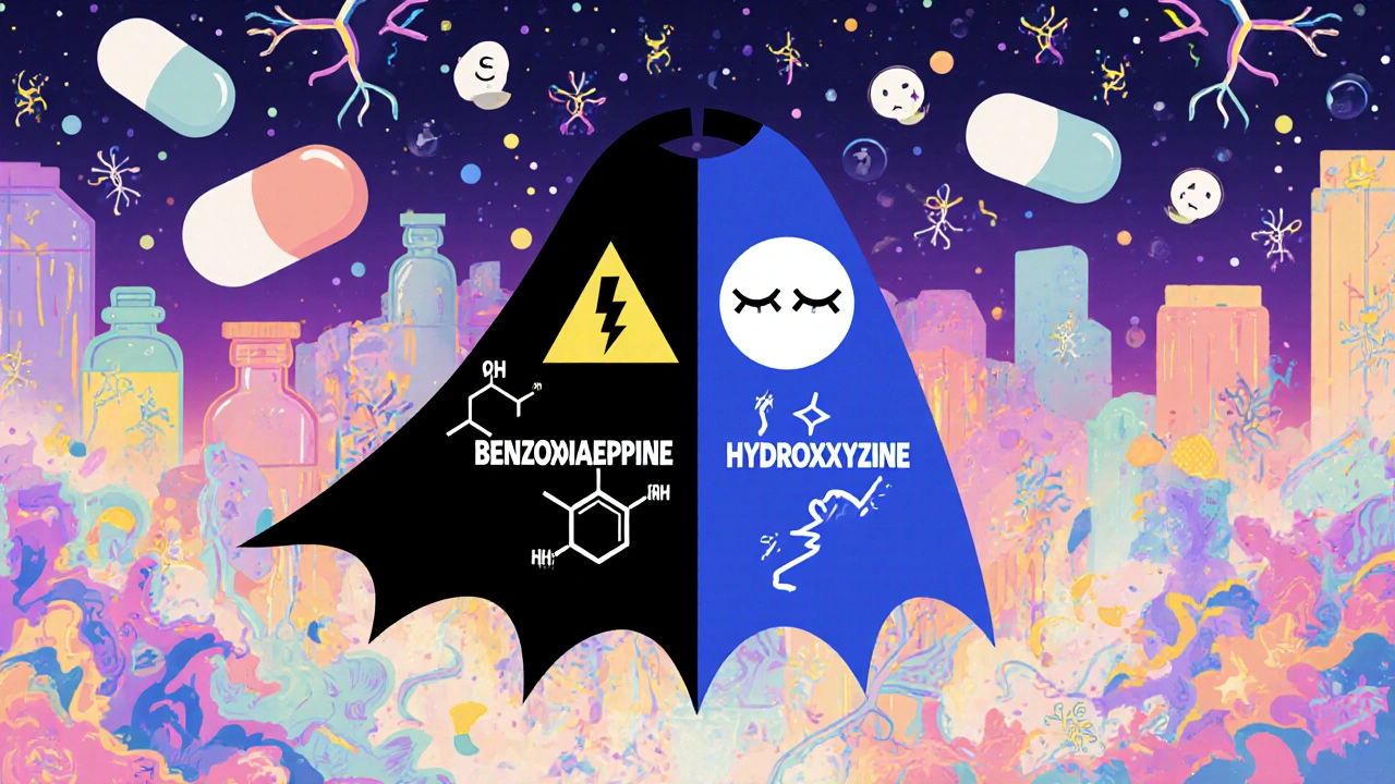 A superhero cape made of chemical structures representing benzodiazepines and hydroxyzine in vibrant Memphis style.