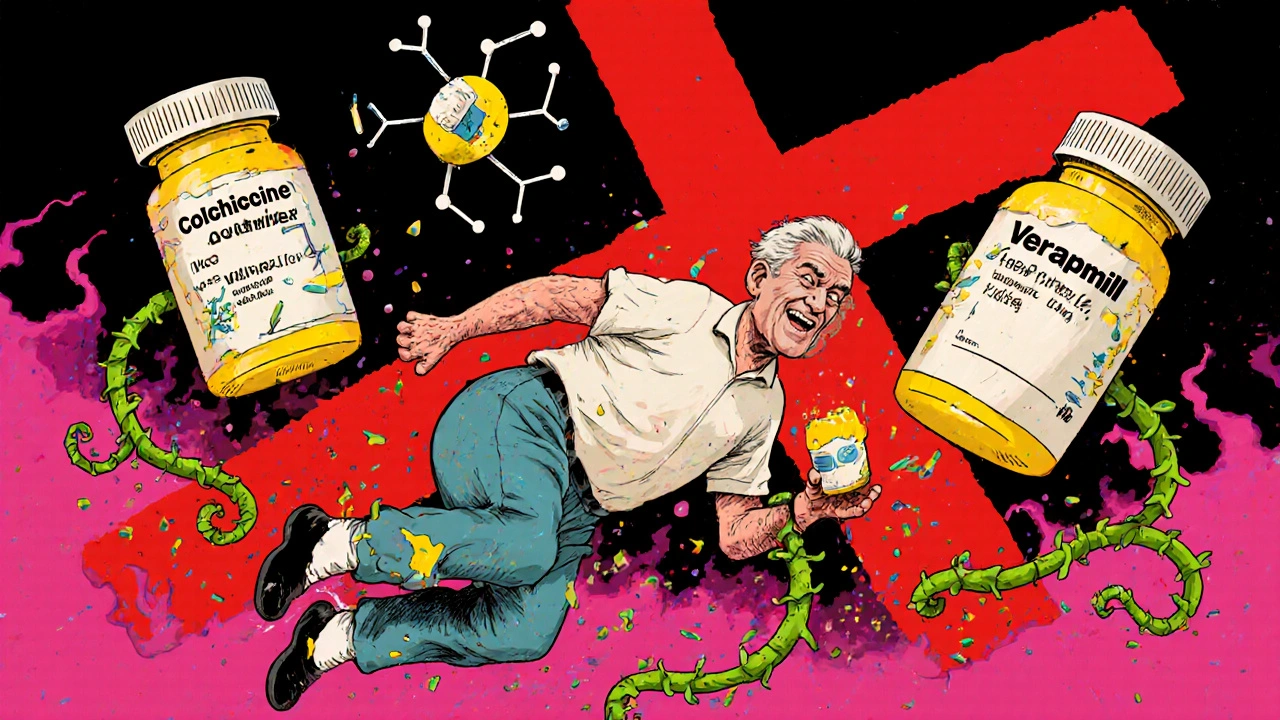 An elderly person falling mid-air as toxic vines grow from two interacting pills, in vibrant Memphis cartoon style.