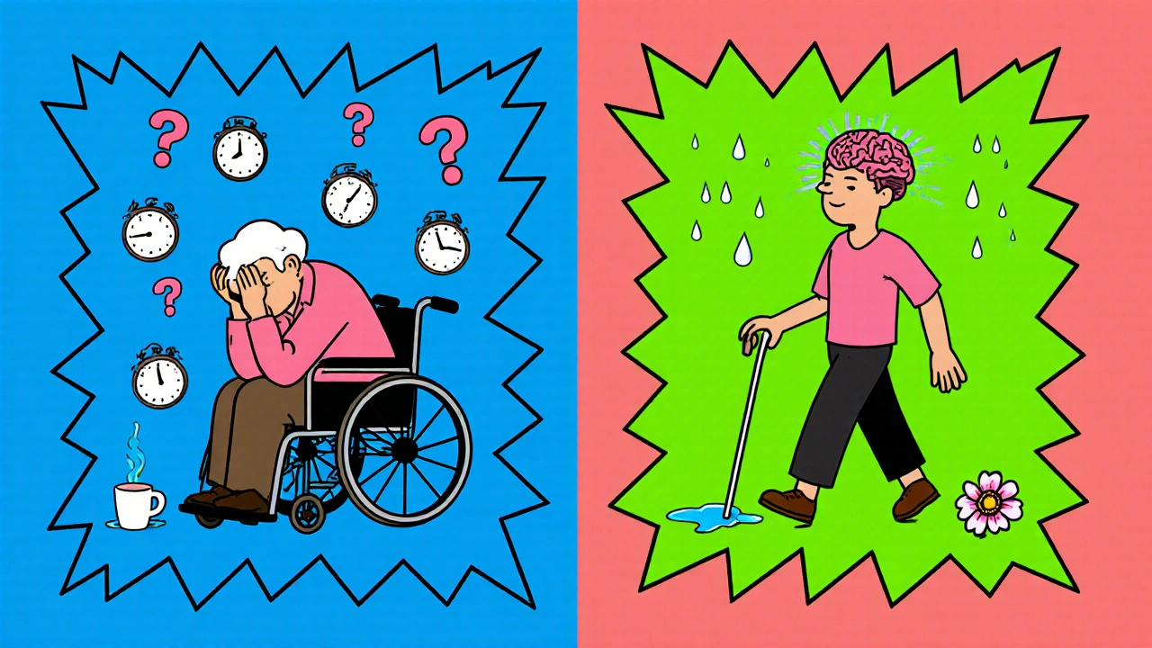 Before-and-after split: slumped senior vs. walking confidently, brain clear and droplet turned to raindrop in bold colors.