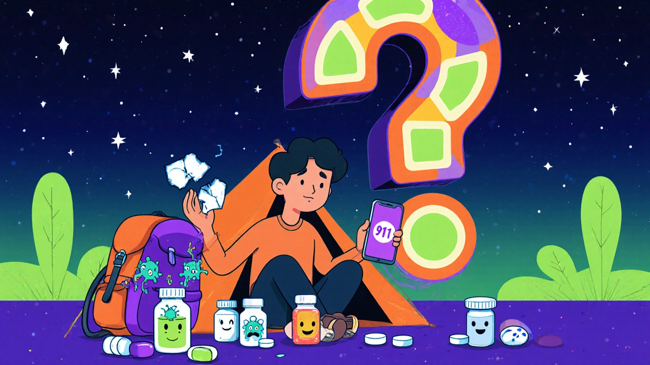 Camper in wilderness holding expired pill, calling 911, with cartoon bacteria and warning icons