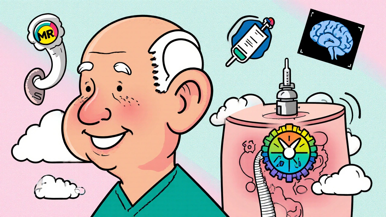 Colorful shunt tube running from skull to belly with gear valve, floating medical icons in vibrant Memphis design.