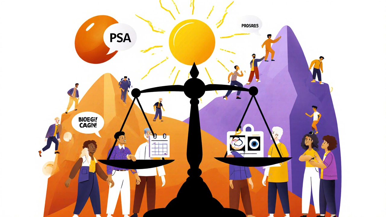 Diverse men stand around a decision scale weighing PSA test against conversation, MRI, and watchful waiting.