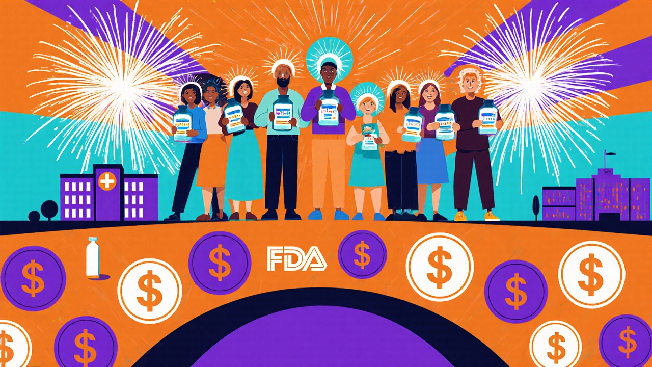 Diverse people holding generic meds on a bridge of money and FDA seals, with fireworks in the background.