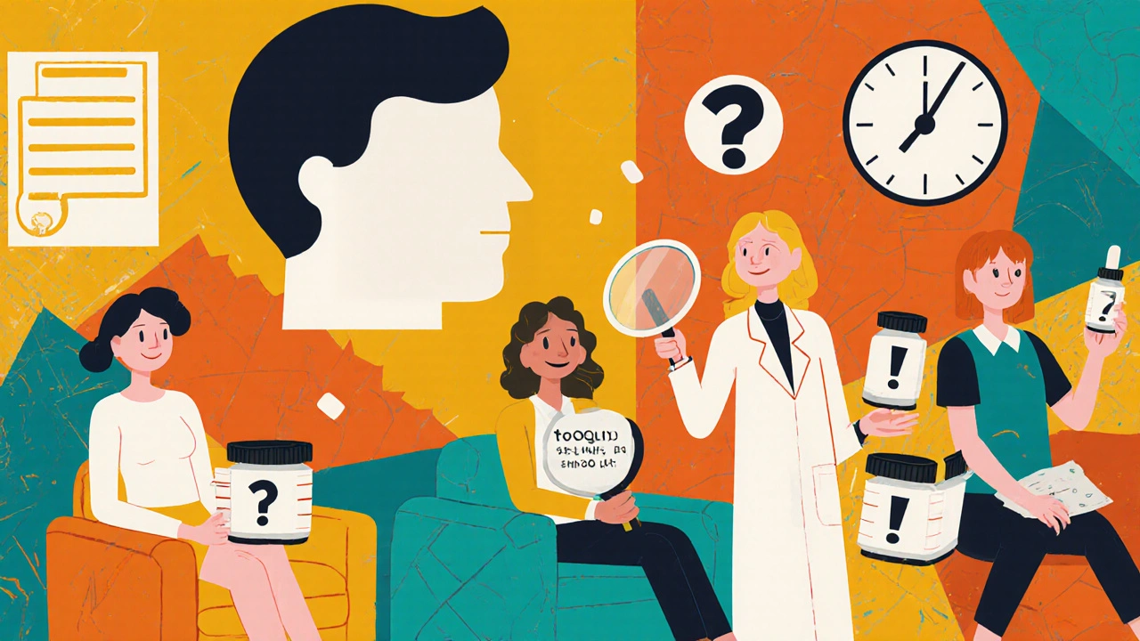 Doctor&#039;s office with male prescription template on wall, women holding pill bottles with question marks.