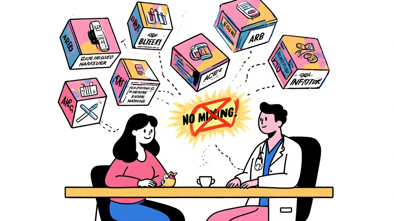 Doctor and patient examining a stylized drug comparison chart with abstract geometric blocks.