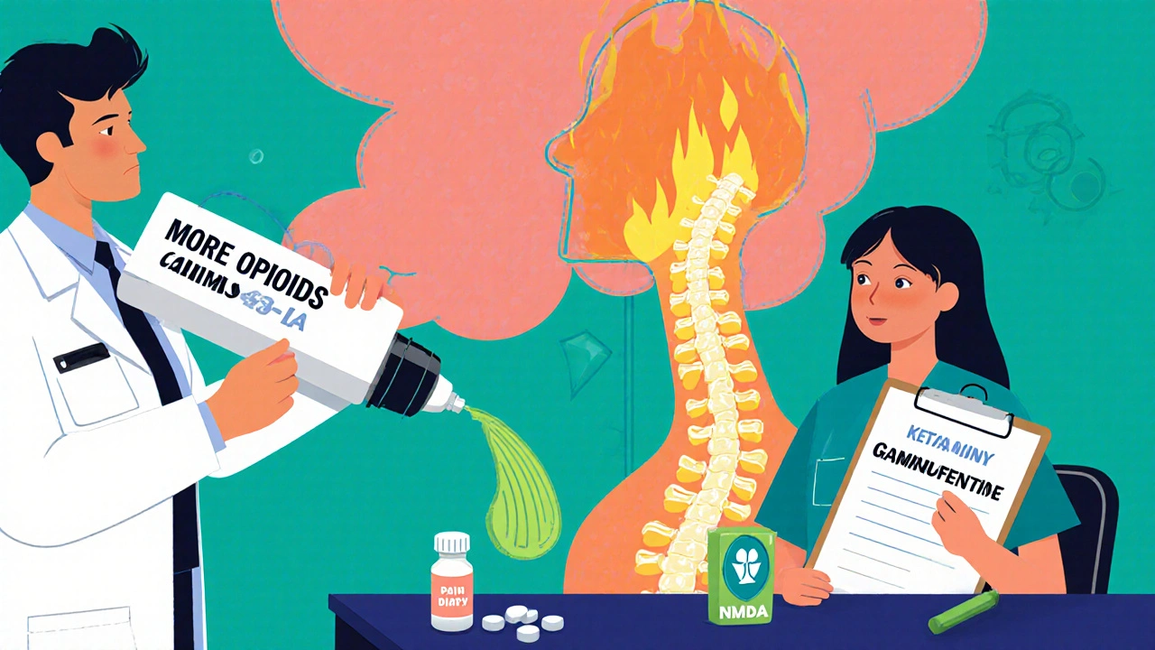 Doctor pouring gasoline on spine fire while patient holds treatment tools, NMDA shield blocking flames in vibrant Memphis design.