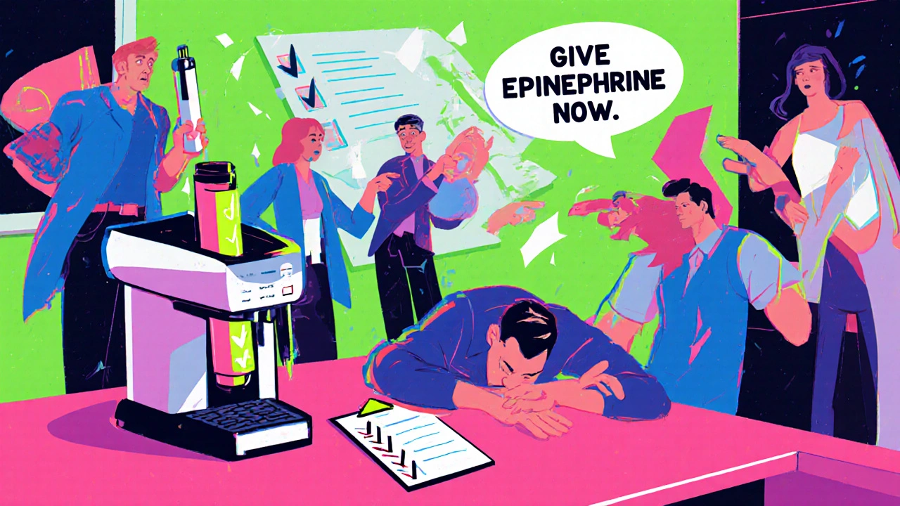 Employee collapsing at work while coworker reaches for a glowing epinephrine pen on a bright counter.