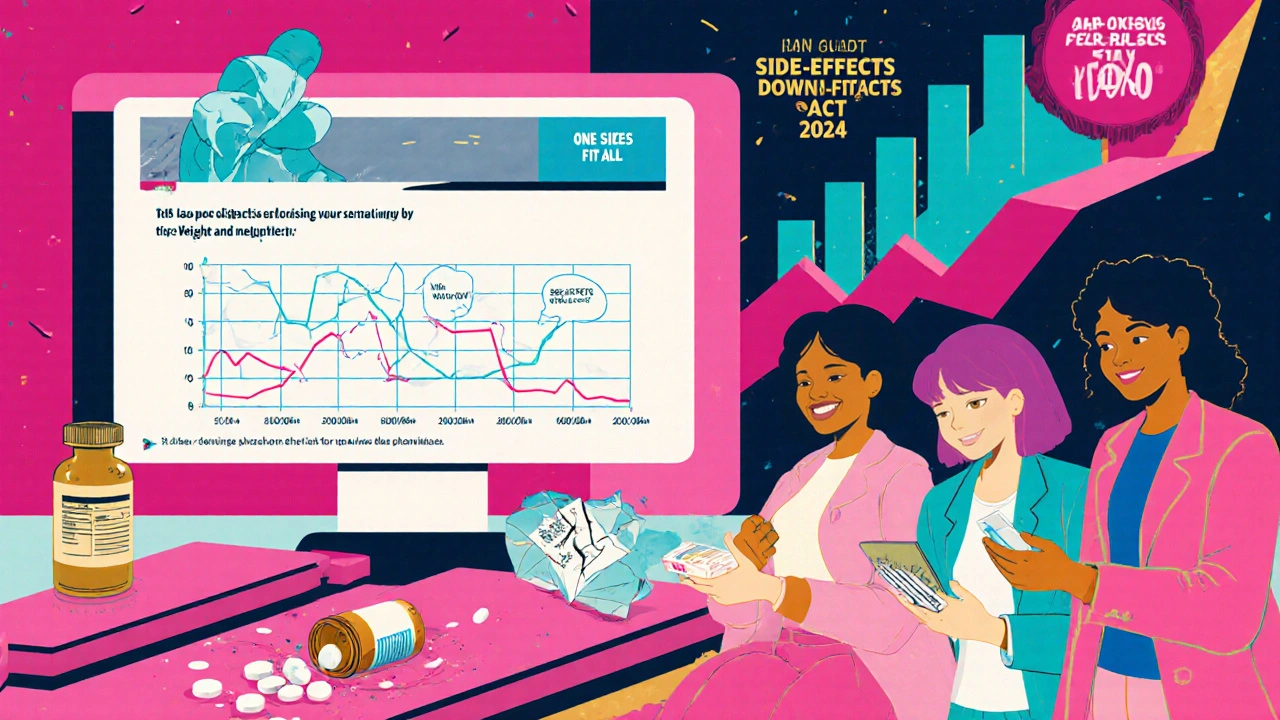 Futuristic pharmacy with personalized dosing charts and shattered generic pill bottle.