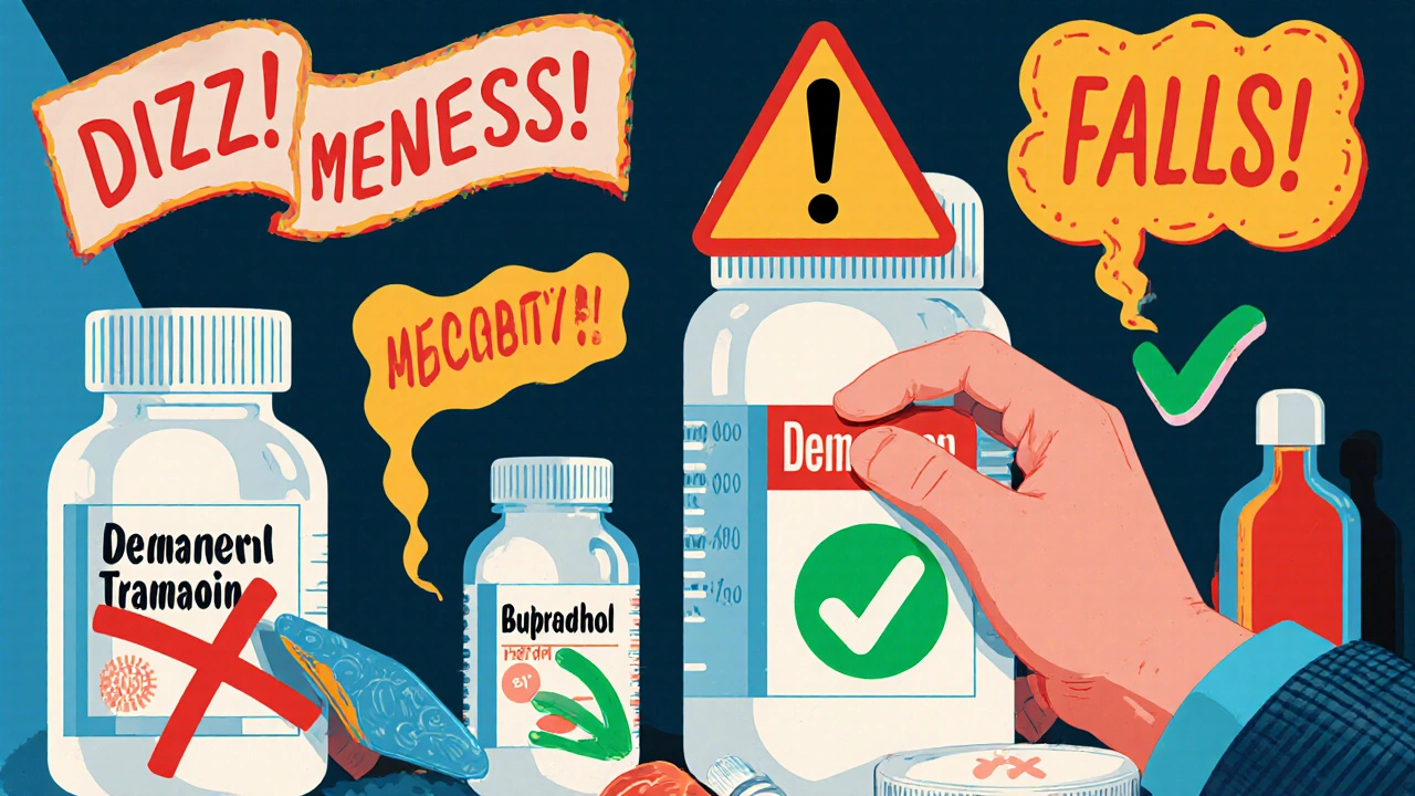 Medicine cabinet with warning symbols and safe opioid options highlighted in bold Memphis-style illustrations.