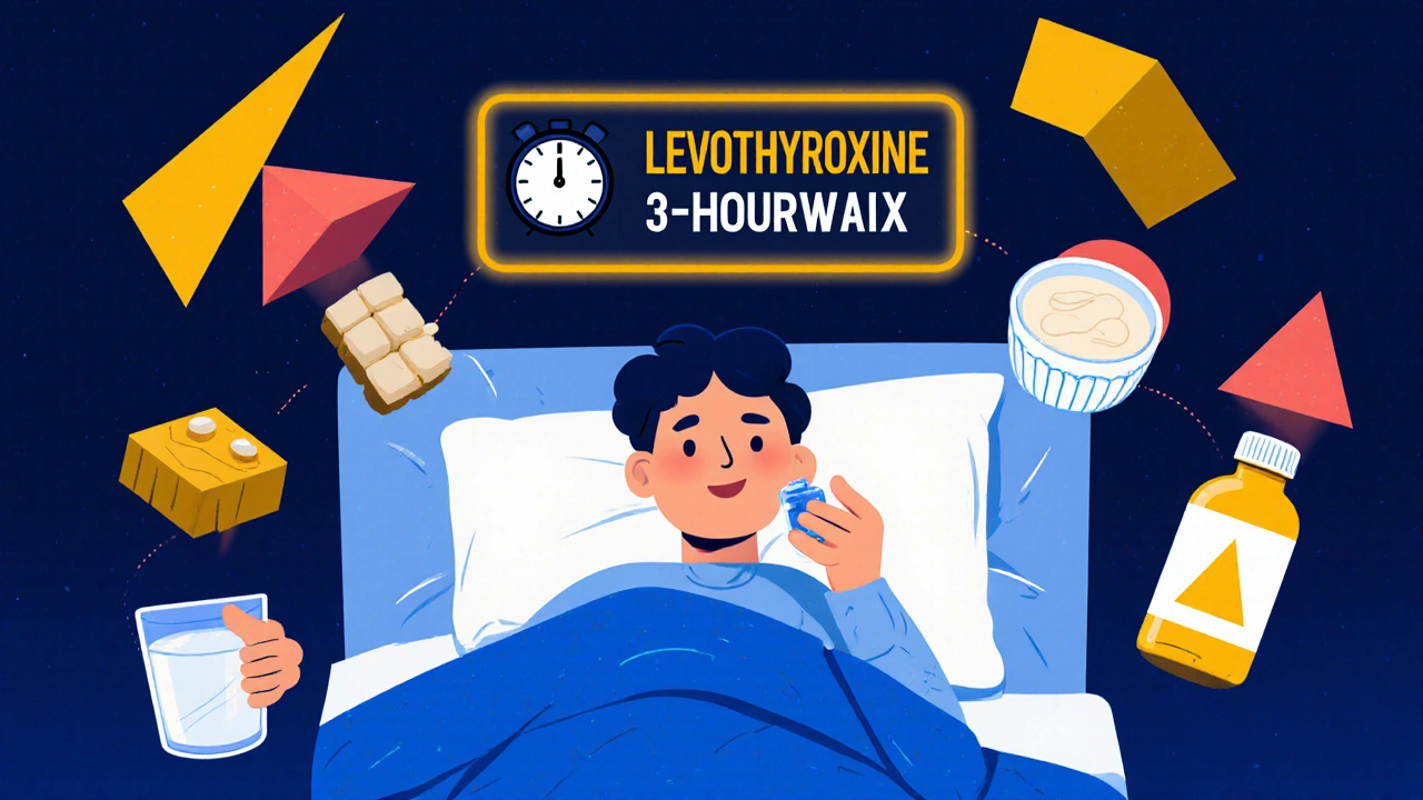 Nighttime thyroid medication routine with clock and warning sign, food items blocked by geometric shapes