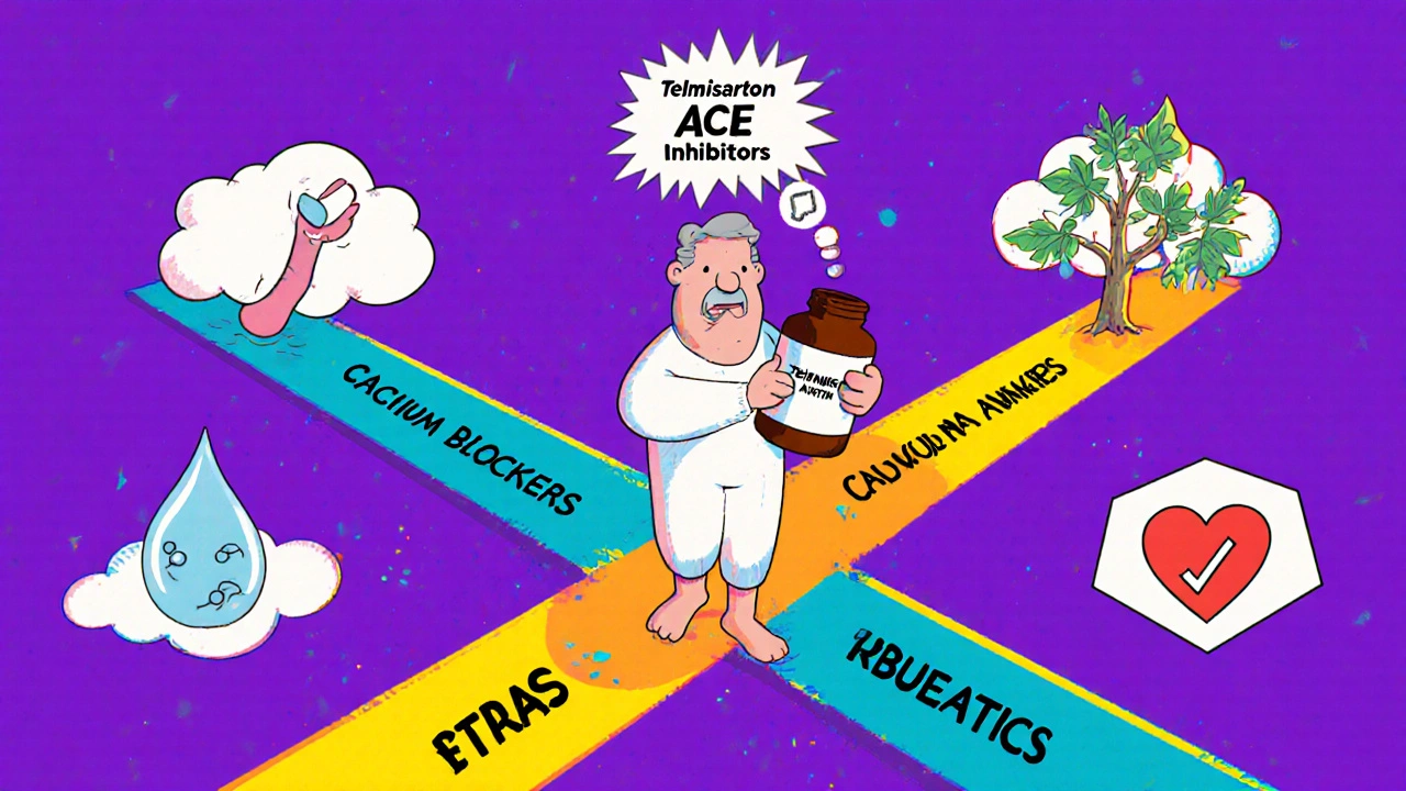 Patient at a colorful crossroads choosing between different hypertension treatment paths.