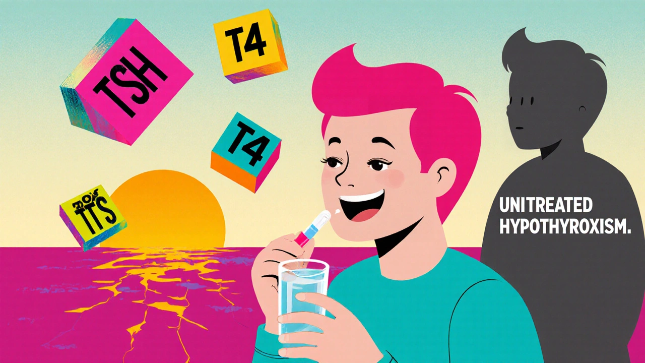 Person taking levothyroxine pill at sunrise with floating hormone labels and fading shadow of untreated condition.