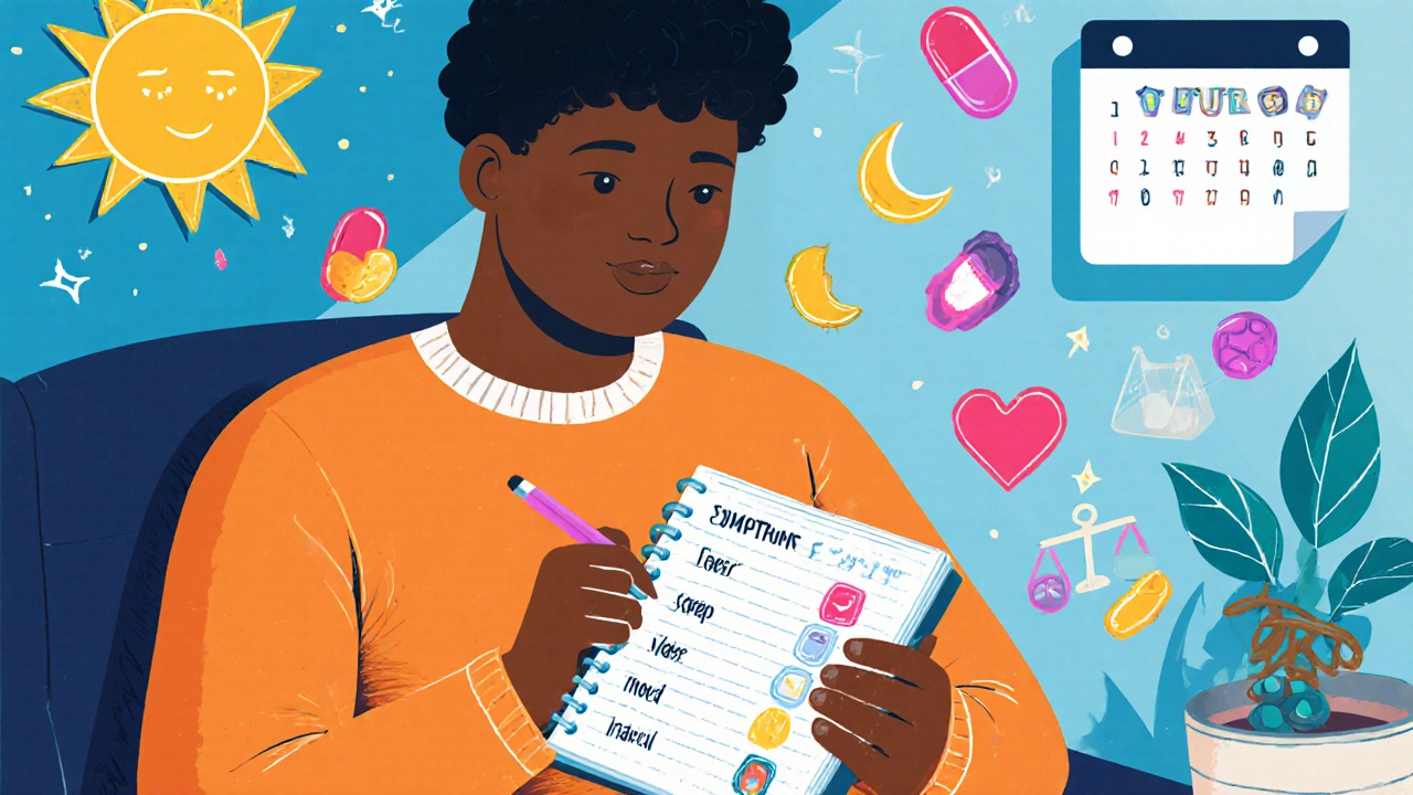 Person tracking symptoms with doodle icons and floating pill shapes in a vibrant Memphis-style room.