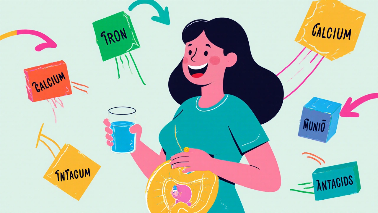 Pregnant woman taking folic acid with geometric shapes pushing away iron and calcium interferers.