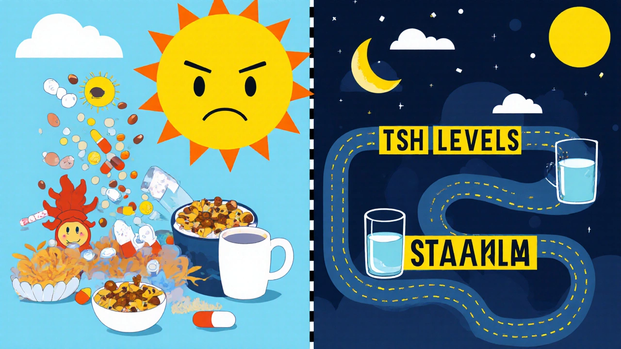 Split scene comparing chaotic morning vs calm nighttime thyroid dosing with TSH stability path