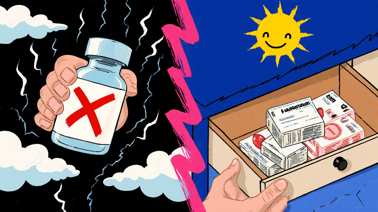 Split scene: dangerous insulin on left, safe pills in drawer on right, bold geometric colors