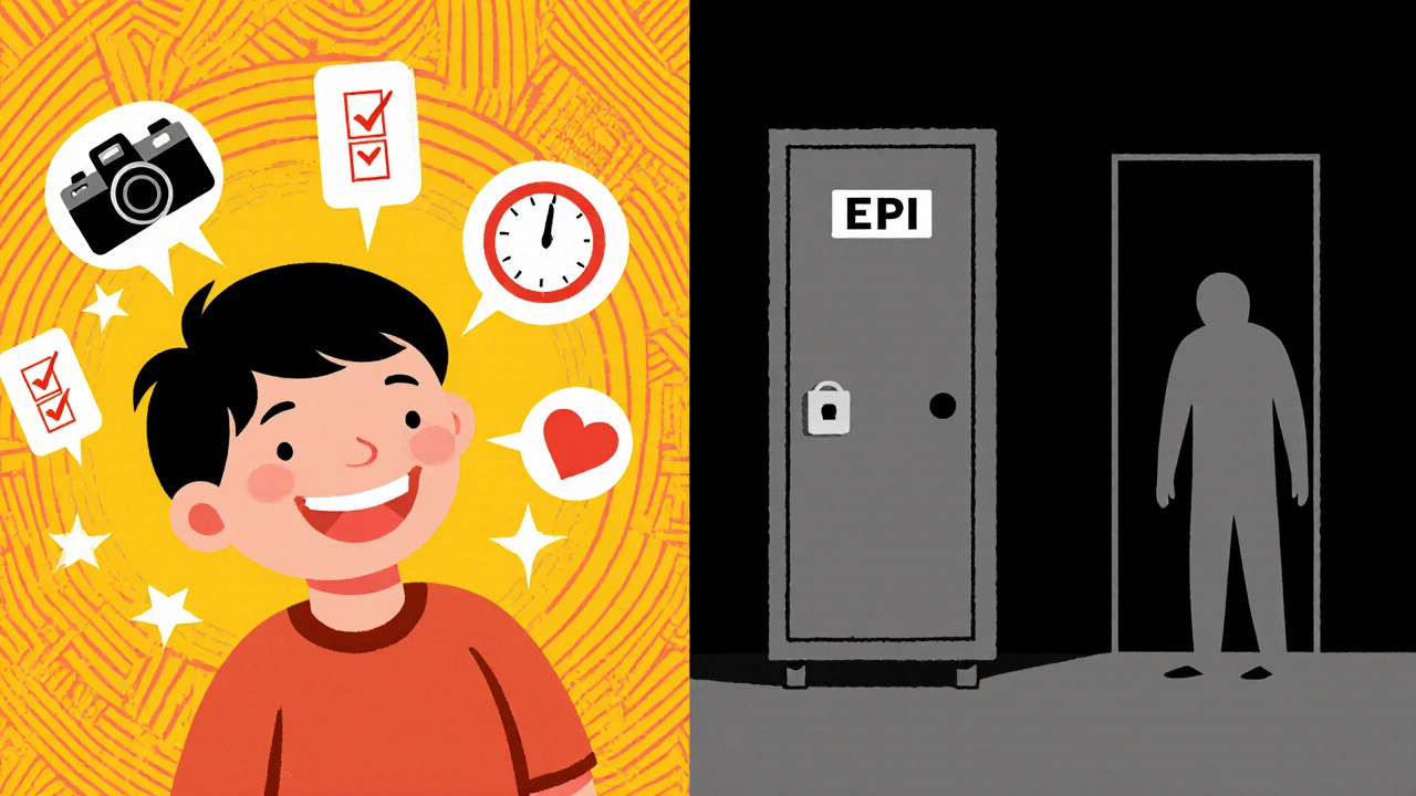 Split scene: happy child saved by epinephrine vs. dark workplace with locked epinephrine cabinet.