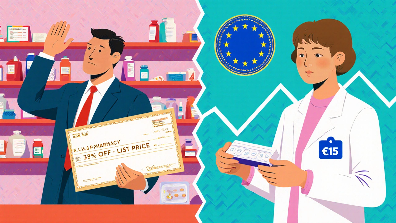 Split scene: U.S. rebate system vs. European fixed pricing in Memphis design style