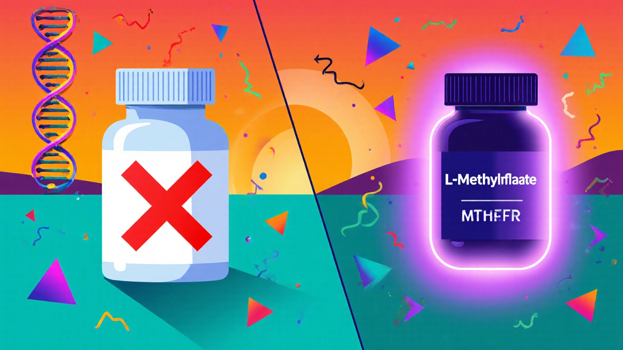 Split-screen comparison of standard folic acid vs. L-methylfolate with abstract gene symbols.