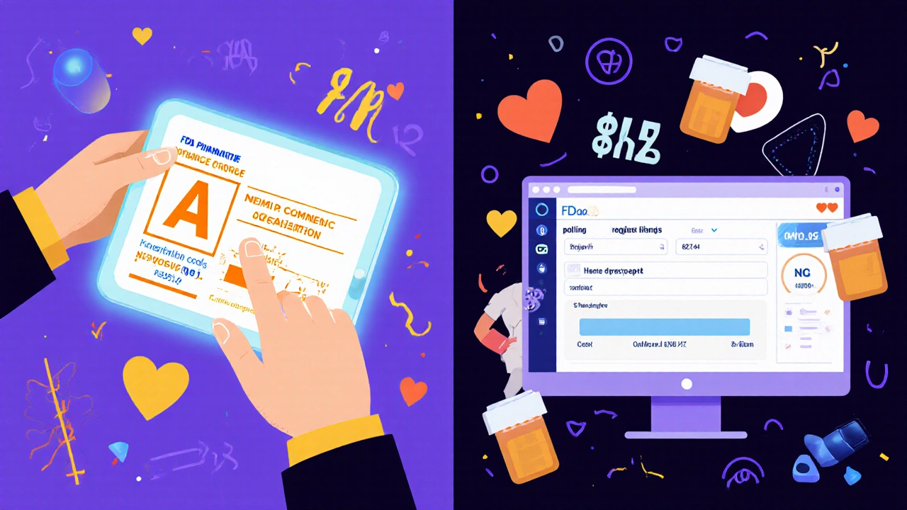 Split-screen of pharmacist checking FDA Orange Book rating and prescriber’s EHR auto-filling generic details with cost savings and heart icons.