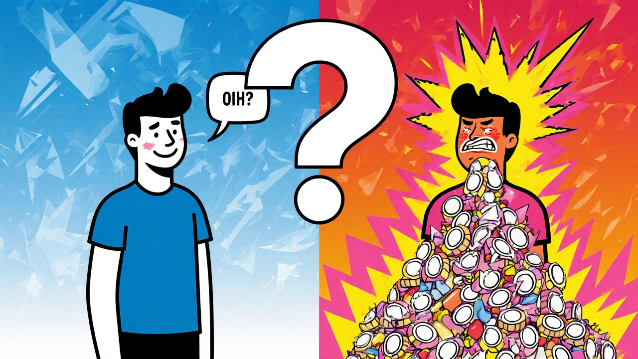 Two versions of a person: one calm with low dose, one overwhelmed by pills and exploding pain in colorful geometric style.