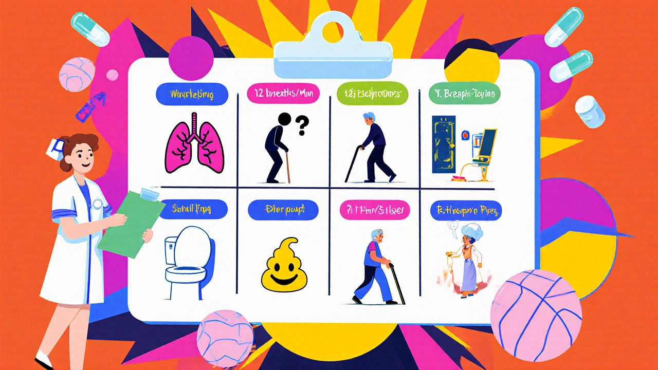 Weekly monitoring chart with icons for breathing, confusion, falls, constipation, and improved mobility in vibrant abstract style.