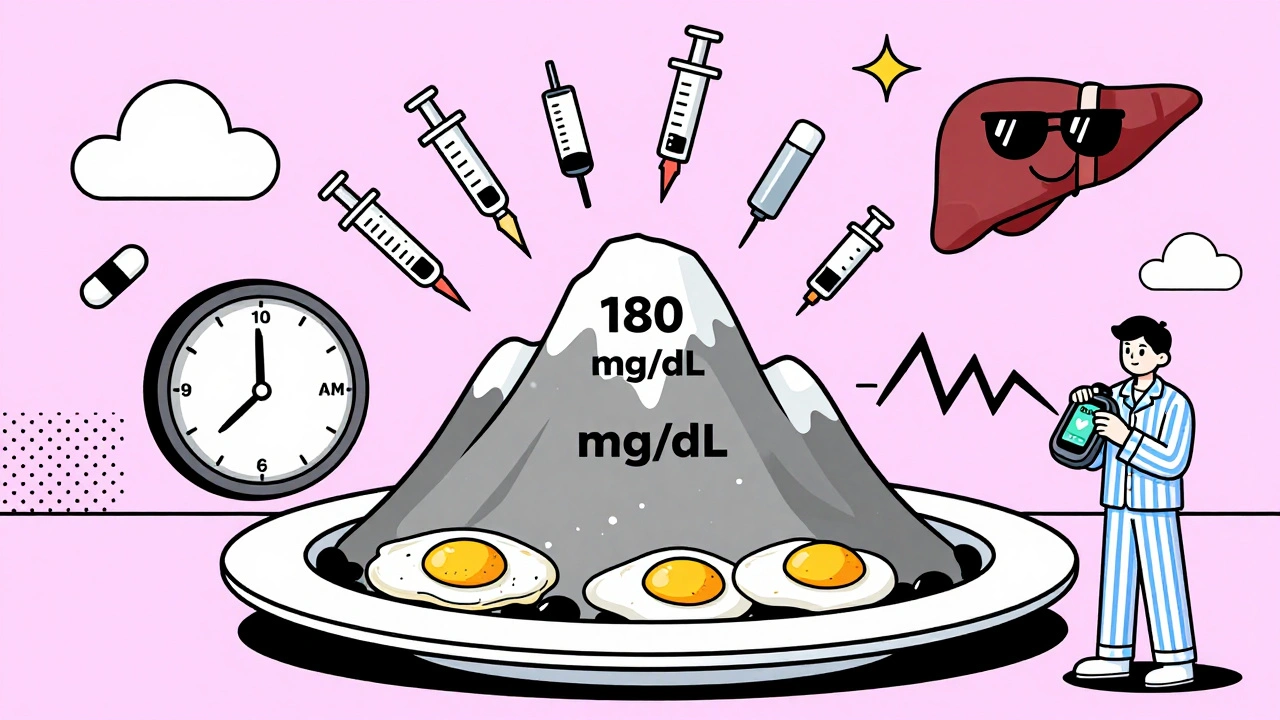 A breakfast plate with a rising glucose mountain and insulin rockets, CGM graph exploding, in bold Memphis colors.