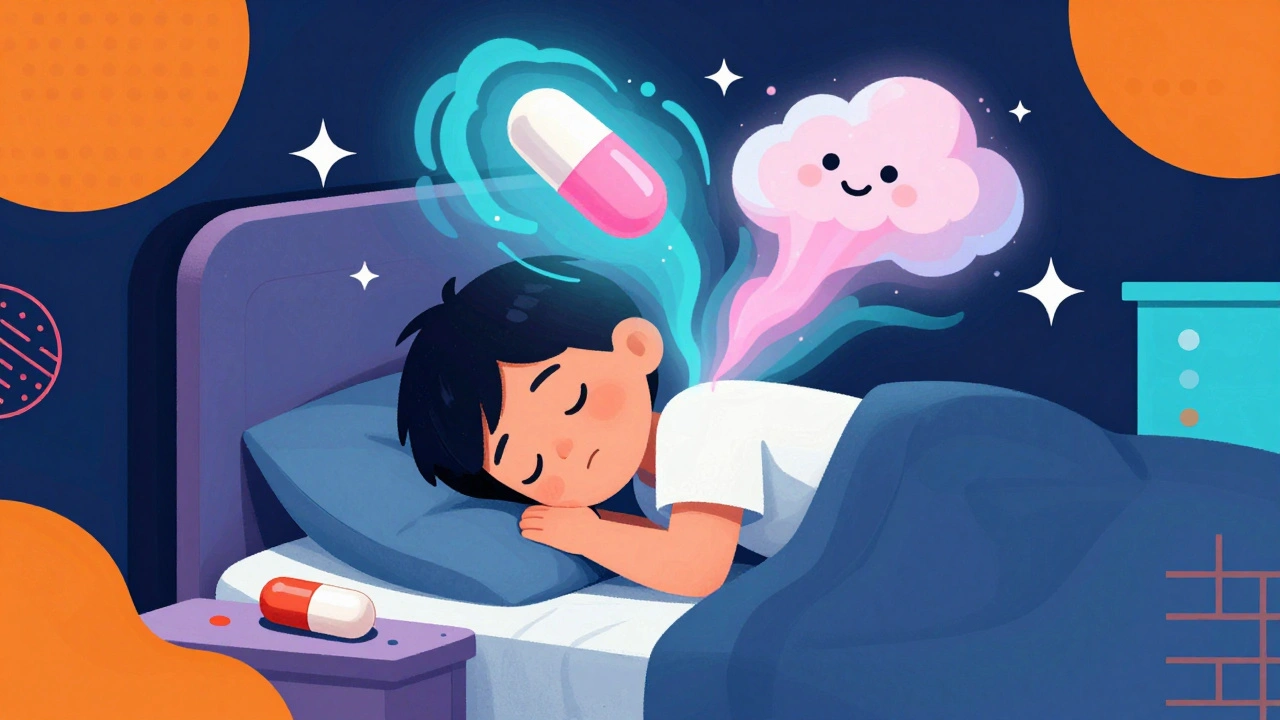 A child sleeping peacefully as a smiling desloratadine pill calms allergy symptoms above them.