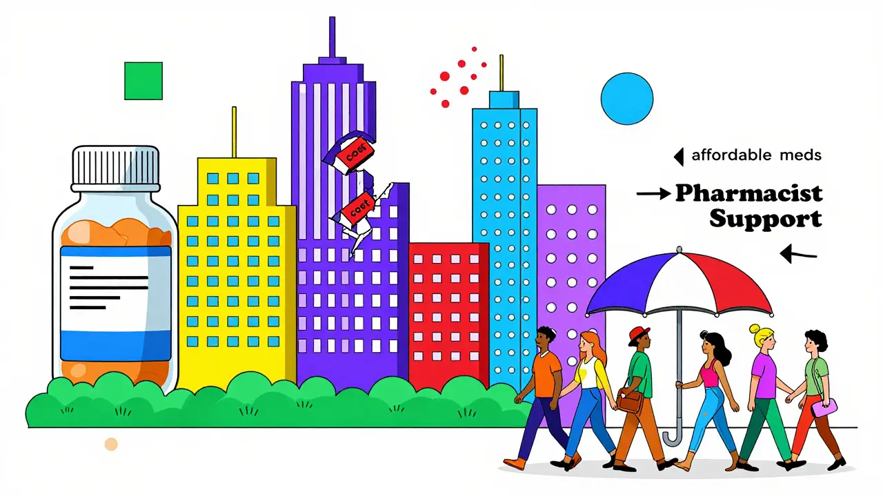 A city skyline of pill-shaped buildings, one crumbling from missing cost, while people walk under an umbrella labeled 'Pharmacist Support'.
