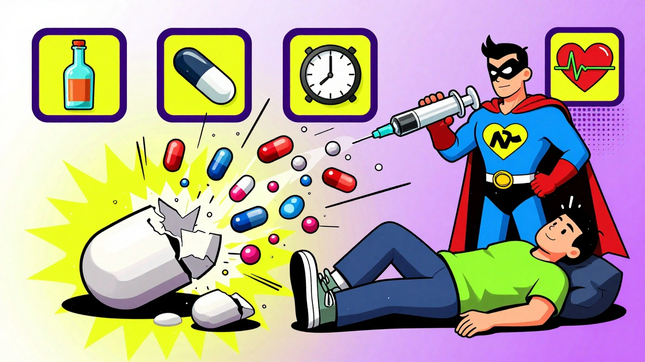 A crushed pill exploding into opioid molecules as naloxone spray saves a person.