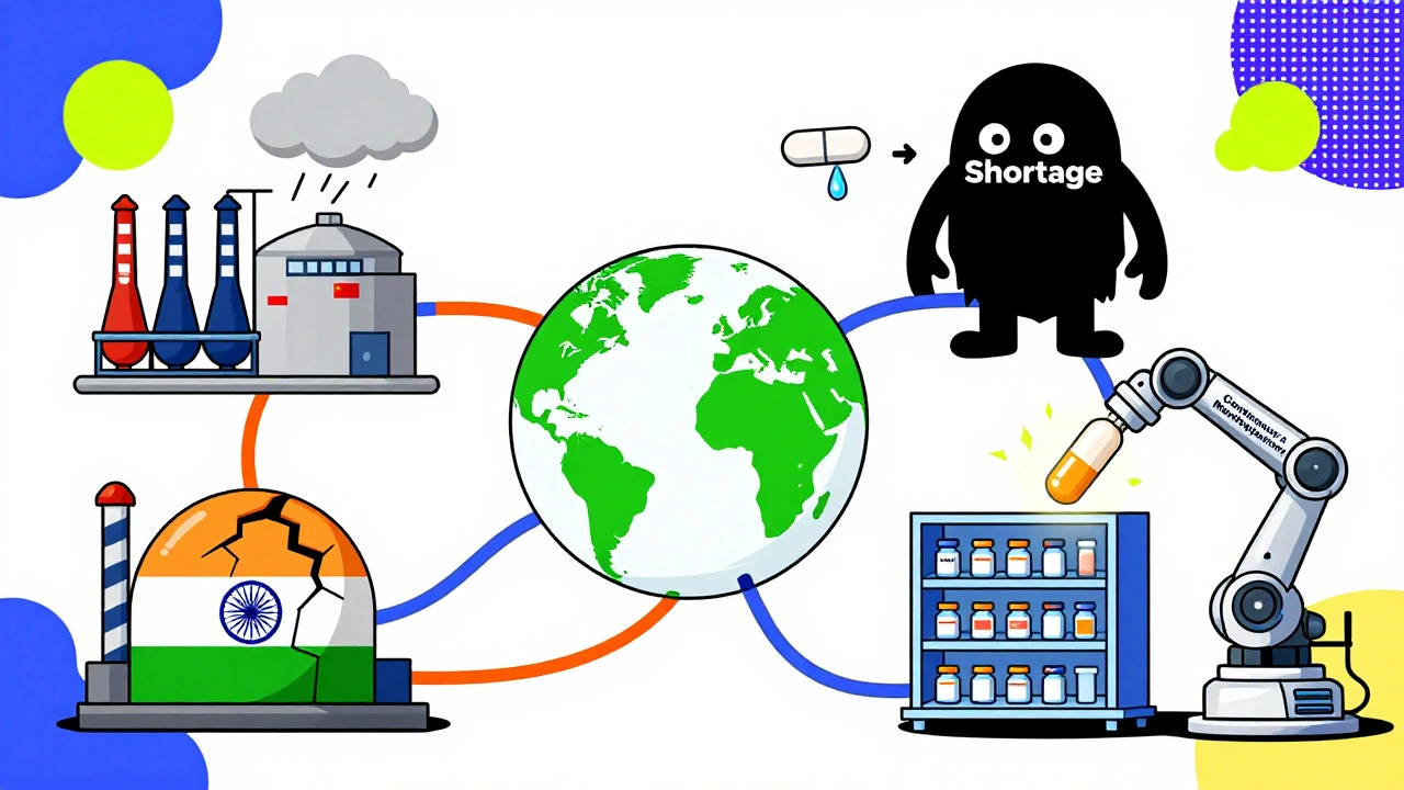 A fragile global supply chain for generic drugs with a looming shortage monster, contrasted by a shiny automation robot in Memphis design.