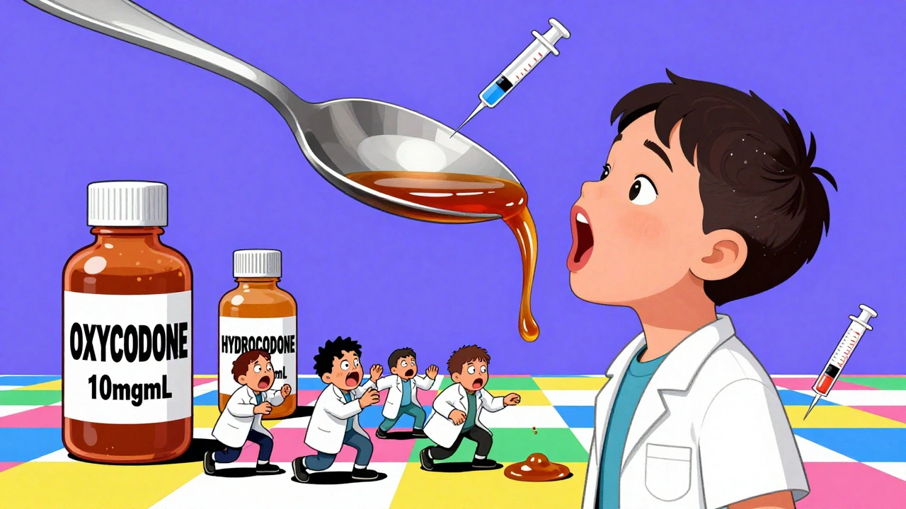 A giant spoon pouring liquid opioid into a child&#039;s mouth amid mislabeled bottles.