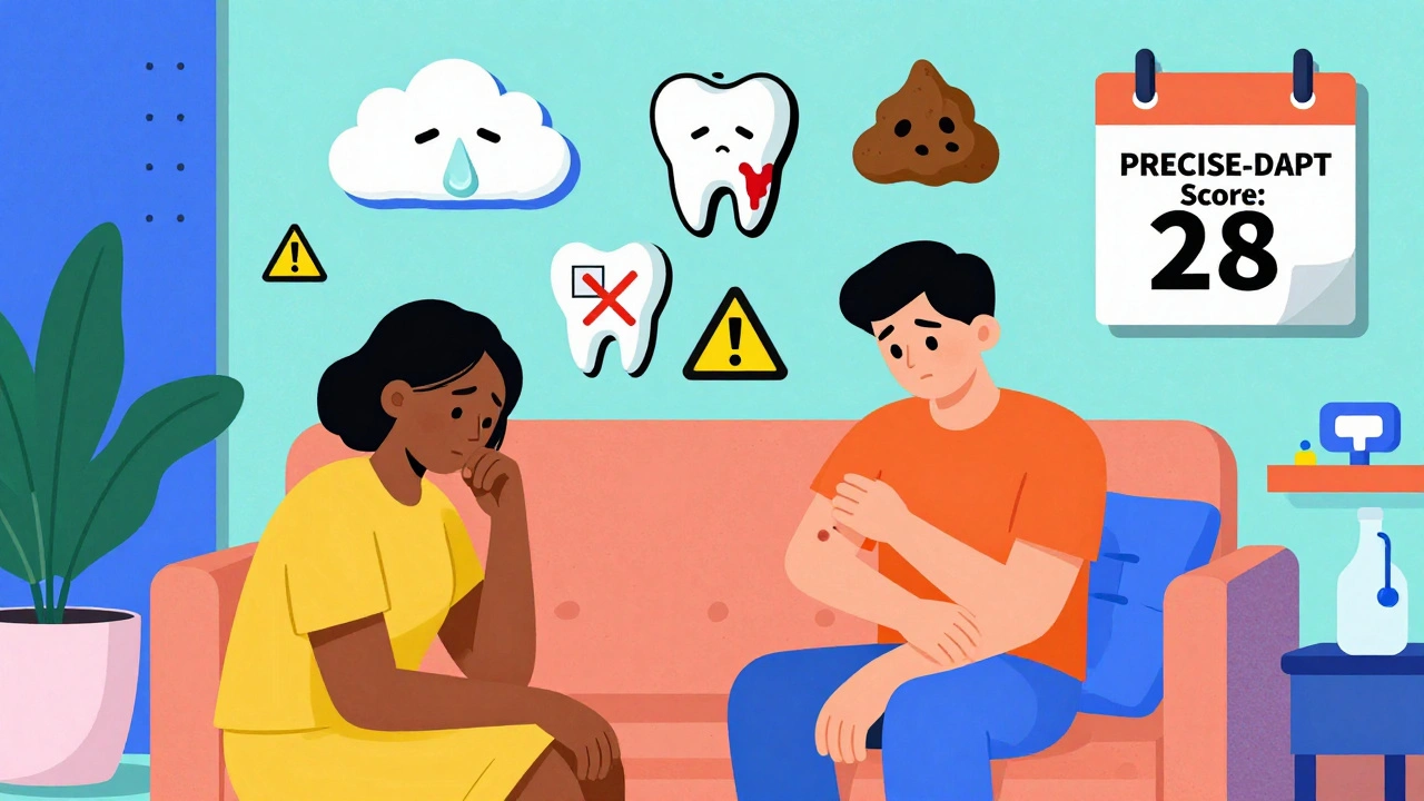 A patient checking a bruise while floating icons show minor bleeds, with a high-risk score visible on the wall.