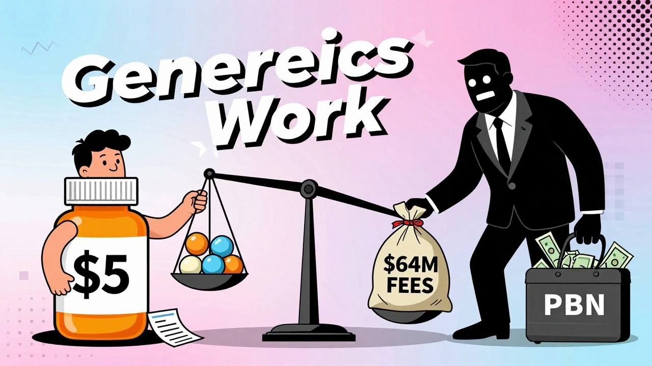 A patient enjoys affordable generics while a shadowy PBM hoards fees, illustrated in vibrant Memphis Design style.