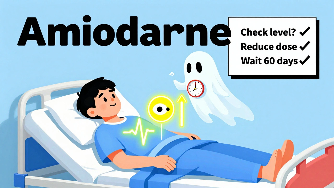 A patient in bed with glowing toxicity symbols above them, while a ghostly amiodarone figure lingers for 60 days.