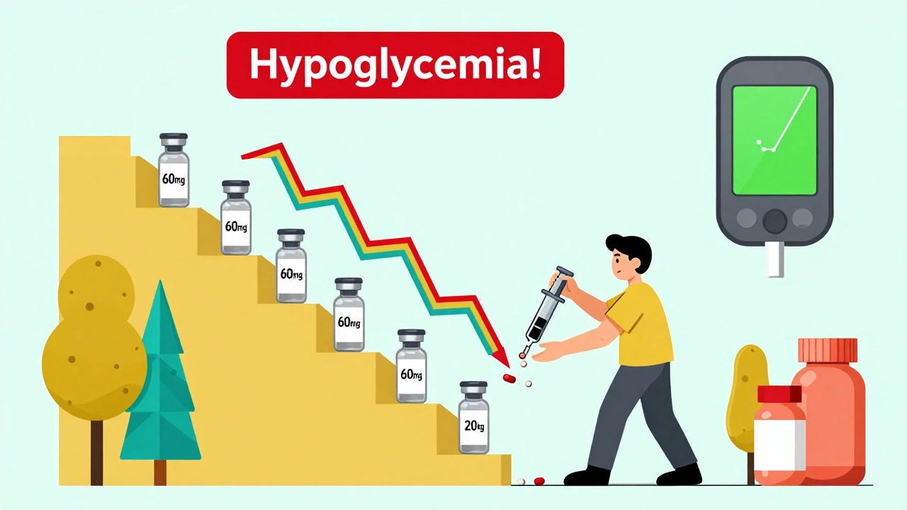 A person lowering insulin vials as steroid doses shrink, with hypoglycemia warning and CGM screen in Memphis style.