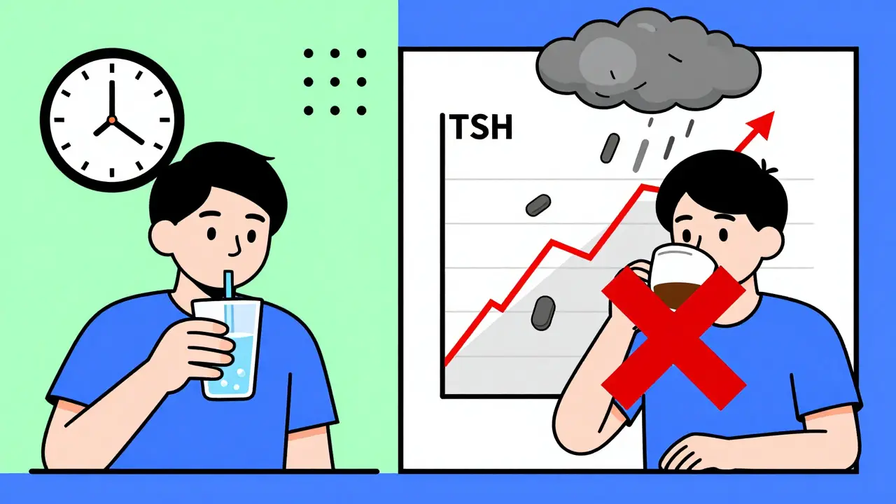 A person taking thyroid medication with water versus coffee, showing a rising TSH graph and a red X over the coffee cup.