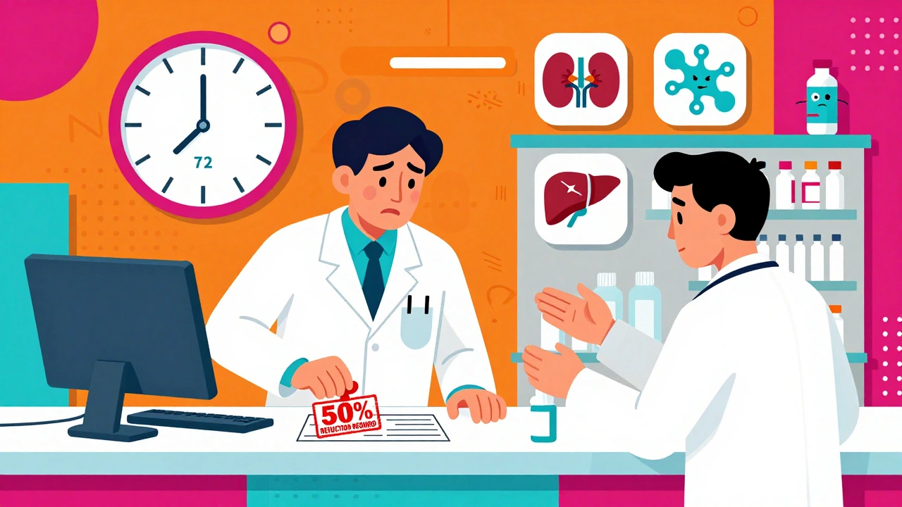 A pharmacist stamps a 50% digoxin dose reduction on a prescription as a doctor reaches for amiodarone.
