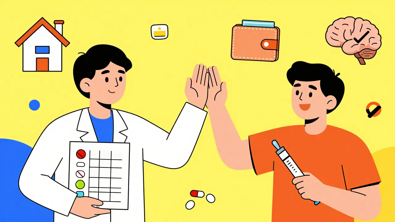 A psychiatrist and pharmacist high-fiving over a simplified daily pill, replacing multiple doses, with a patient holding an injectable pen.