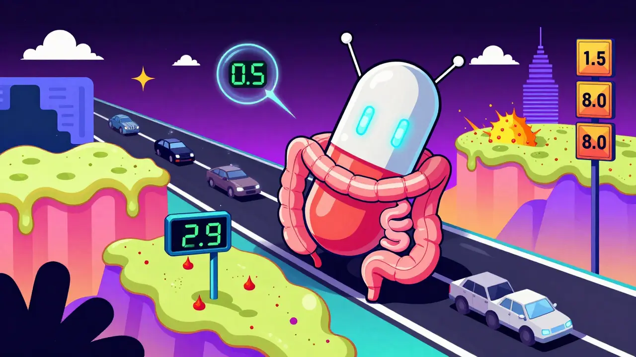 A smart pill with eyes and antennae navigating a gut with pH signs and inflammation zones, in Memphis design style.