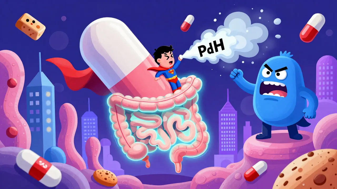 A superhero pill flying through an intestine with giant villi, chased by a pH monster, in bold Memphis colors.