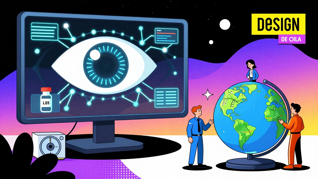 AI dashboard with glowing networks analyzing global biosimilar lot numbers and regulators arguing over a globe.