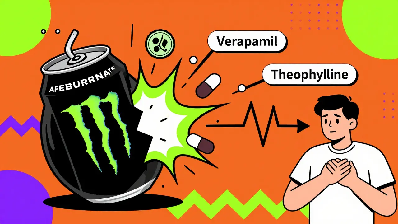 An energy drink exploding with chemical symbols hitting heart medications, causing heart rate spikes and a patient in distress.
