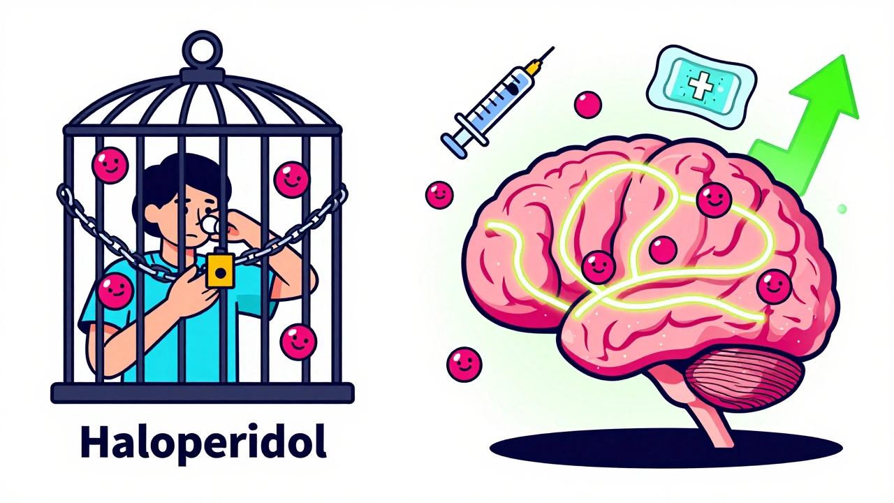 Brain with dopamine molecules locked vs. free, surrounded by medical treatments in bold shapes.