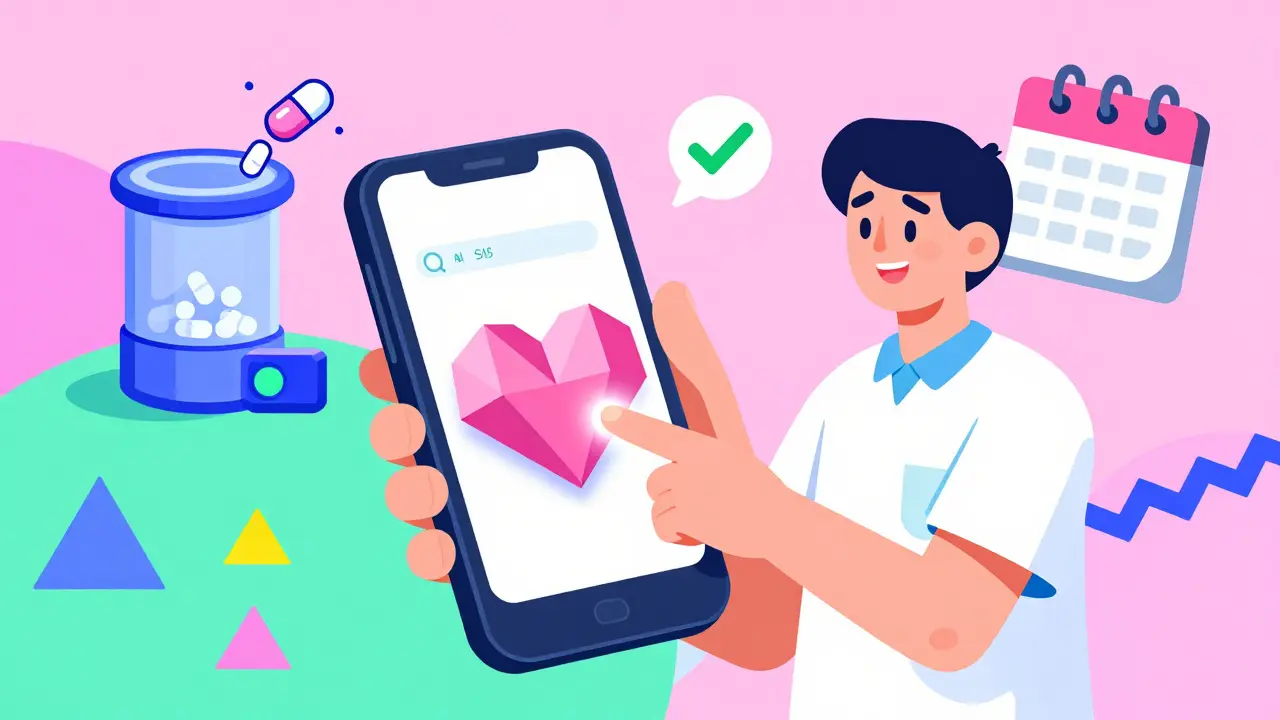 Caregiver receives alert on heart-shaped phone while smart pill dispenser releases a pill.