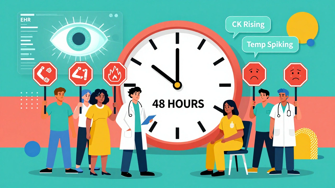 Caregivers holding warning signs near a clock and AI eye scanning health data in vibrant design.