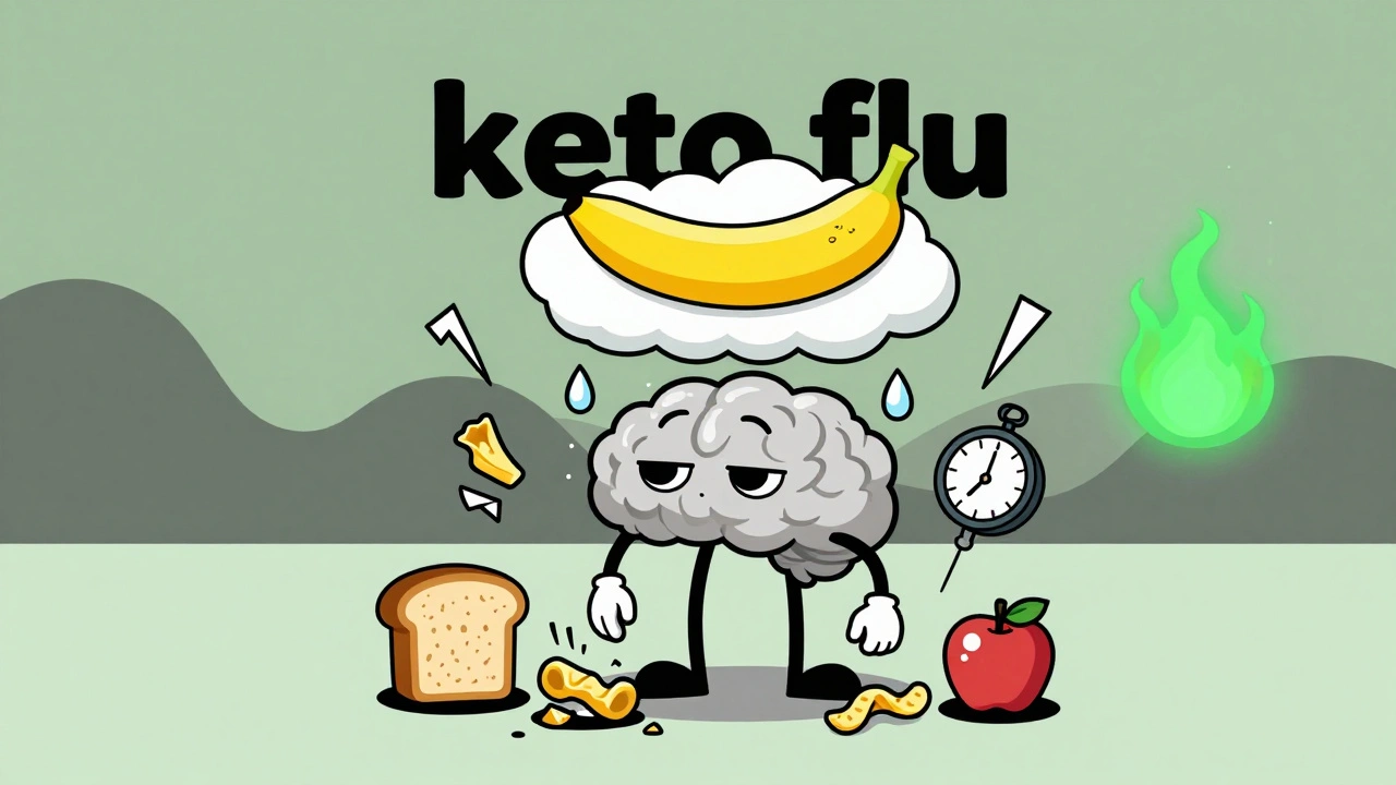 Cartoon character suffering from keto flu with foggy brain and banana-shaped headache, surrounded by shattered carbs.