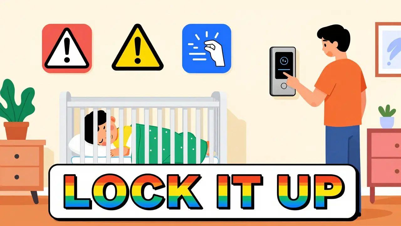 Child sleeping safely, parent checking locked medicine box with prevention icons