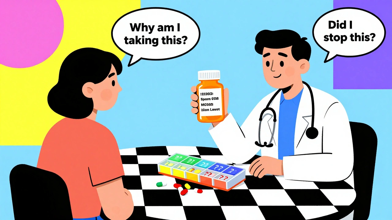 Doctor examining a pill bottle next to a chaotic pill organizer with mismatched pills